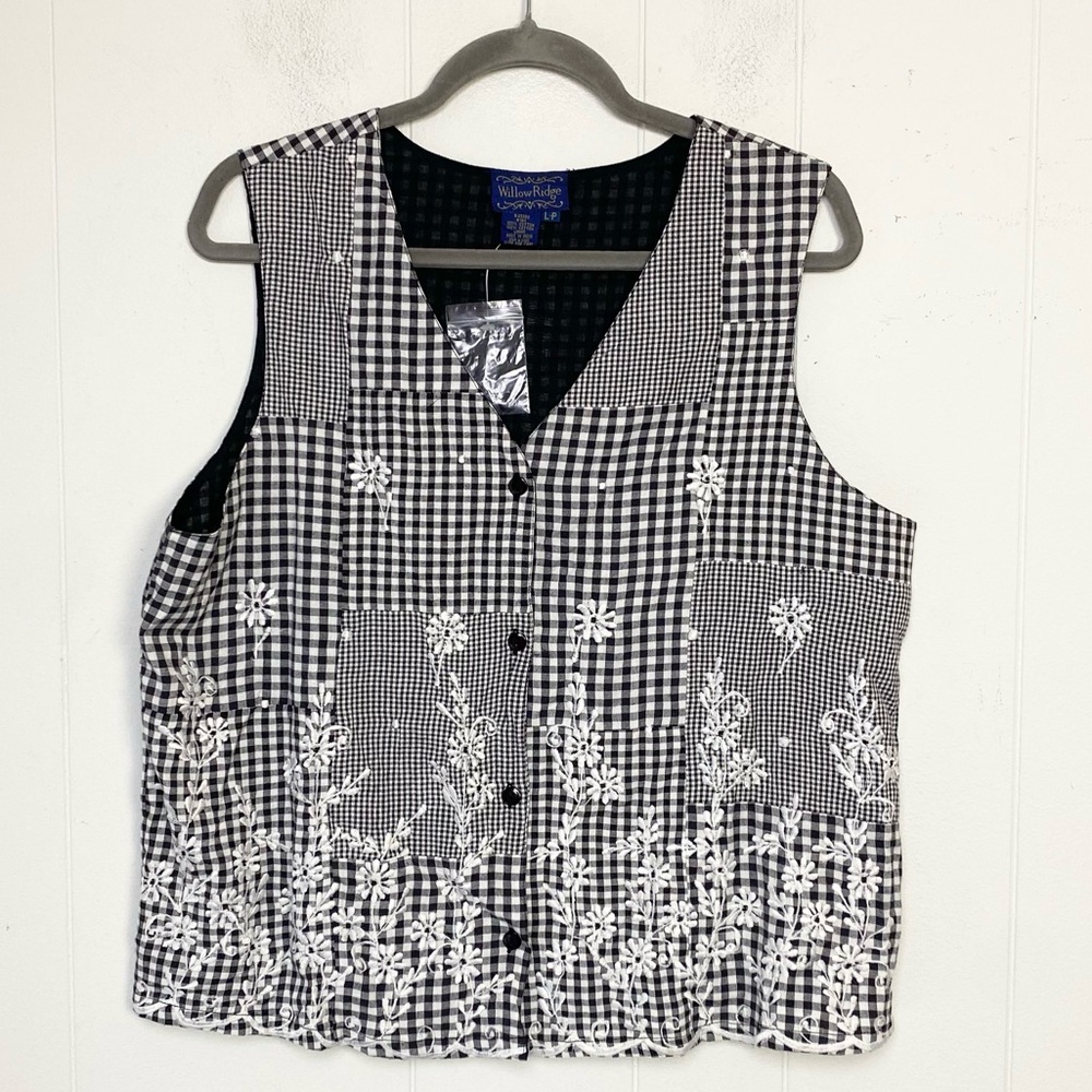 Vtg Willow Ridge Sz L Black white Gingham Vest Cottagecore Embroidered Patchwork